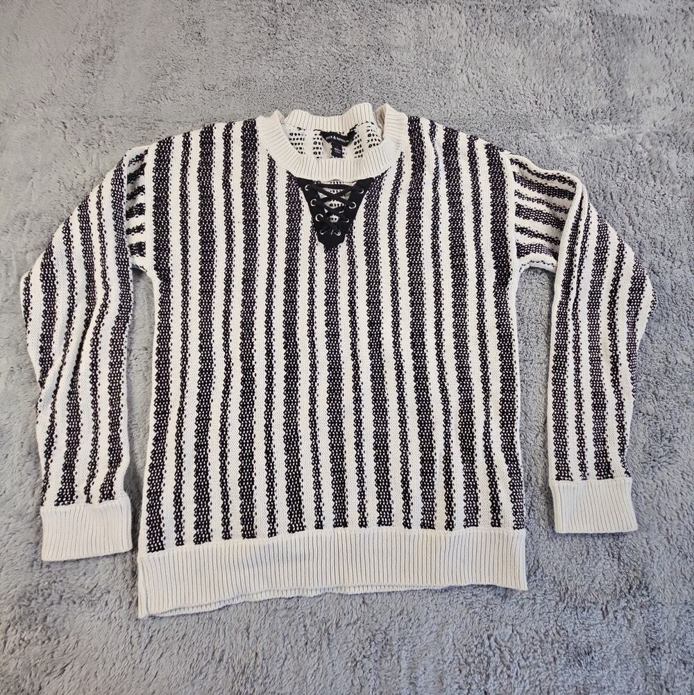 Womens Large Black White Striped Knit Sweater Lace Up Neck by Rock & Republic